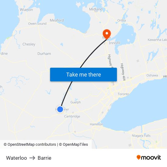 Waterloo to Barrie map