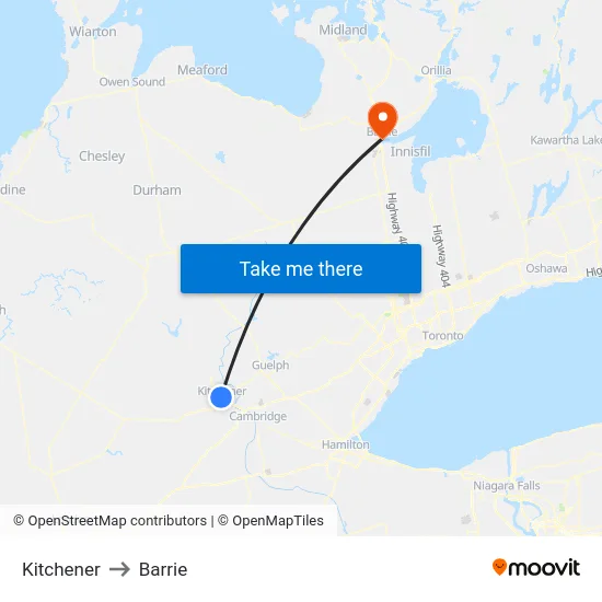 Kitchener to Barrie map