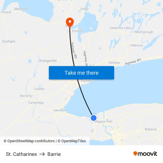 St. Catharines to Barrie map