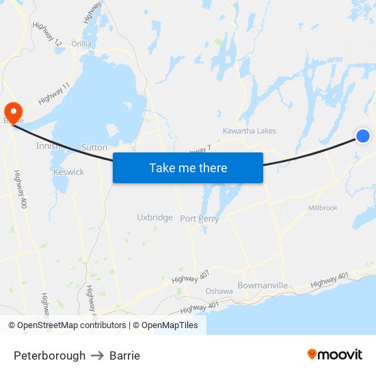 Peterborough to Barrie map