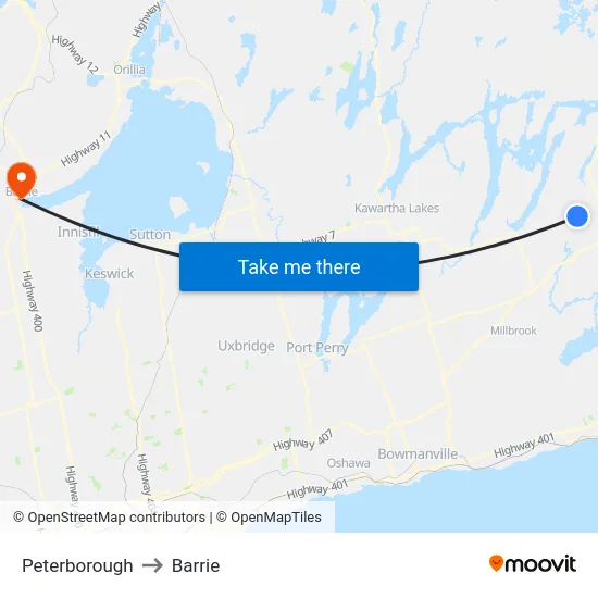Peterborough to Barrie map