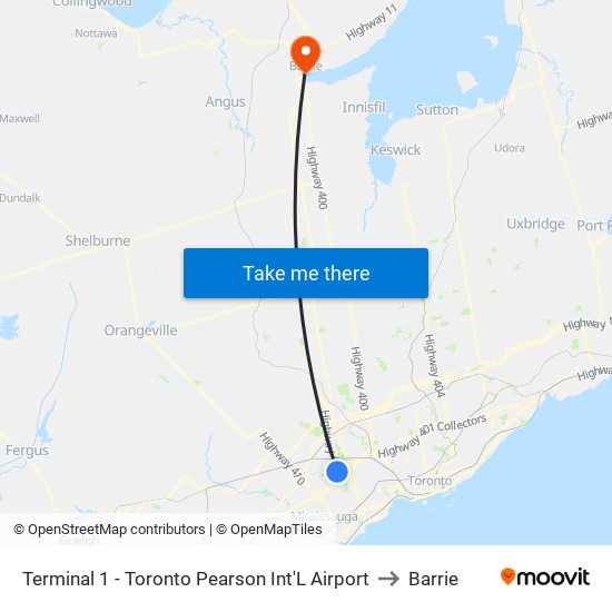 Terminal 1 - Toronto Pearson Int'L Airport to Barrie map