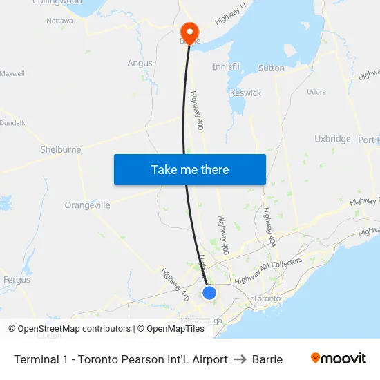 Terminal 1 - Toronto Pearson Int'L Airport to Barrie map