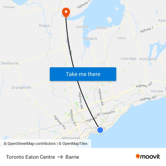 Toronto Eaton Centre to Barrie map