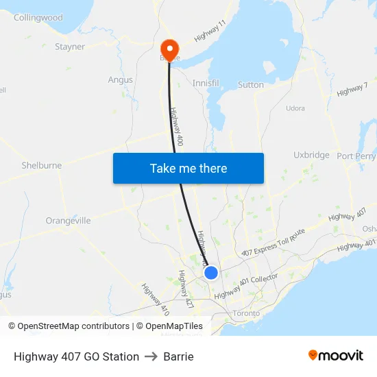 Highway 407 GO Station to Barrie map