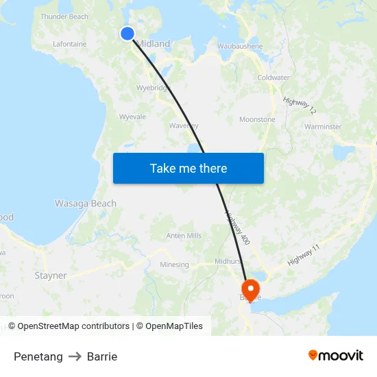 Penetang to Barrie map