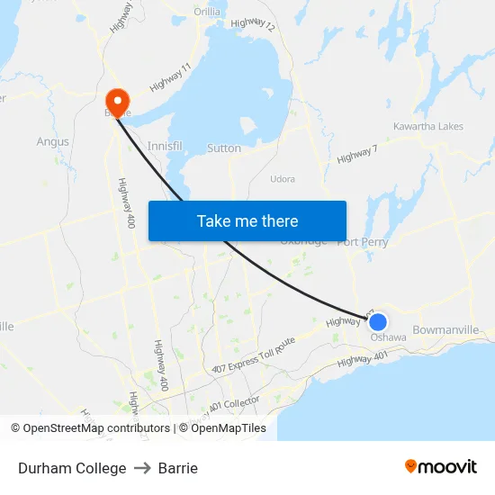 Durham College to Barrie map
