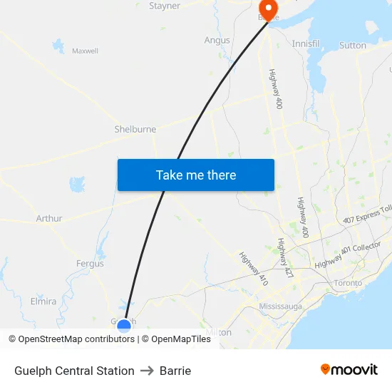 Guelph Central Station to Barrie map