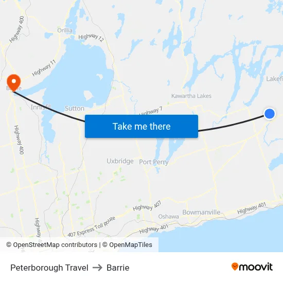 Peterborough Travel to Barrie map