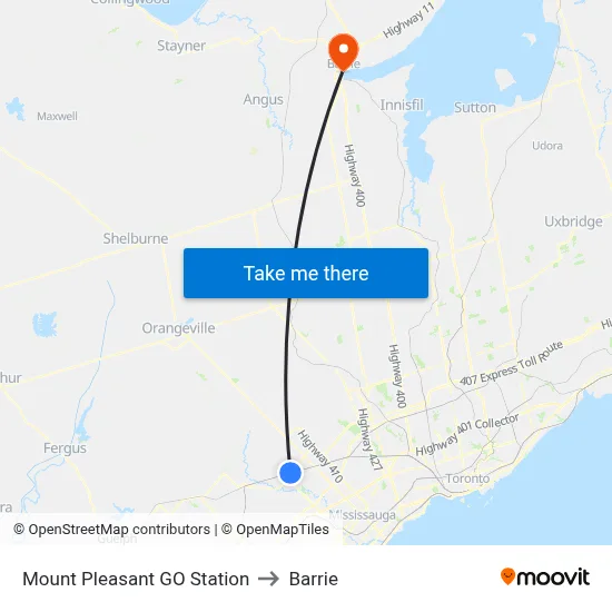Mount Pleasant GO Station to Barrie map