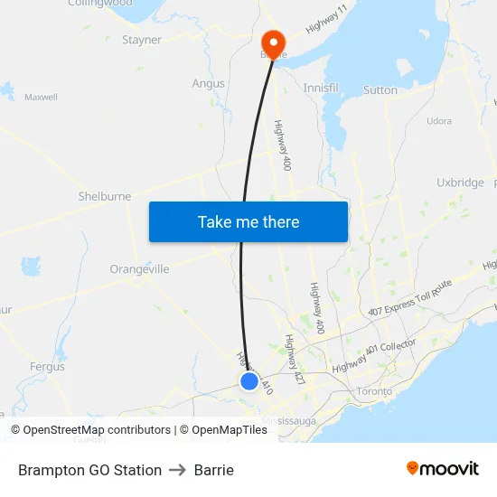 Brampton GO Station to Barrie map
