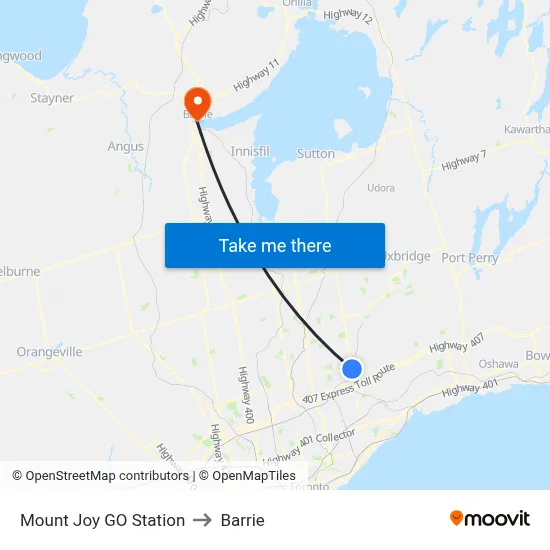 Mount Joy GO Station to Barrie map