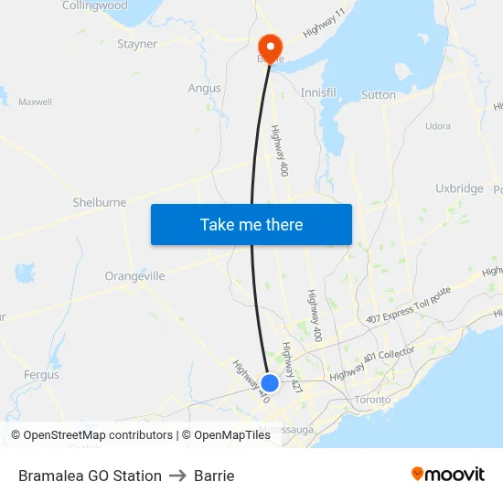 Bramalea GO Station to Barrie map
