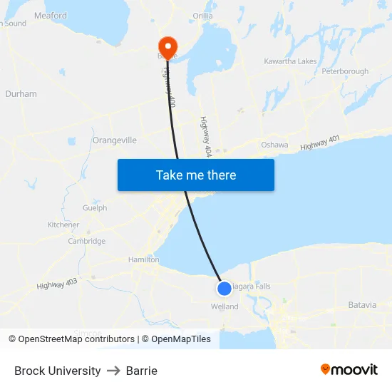 Brock University to Barrie map