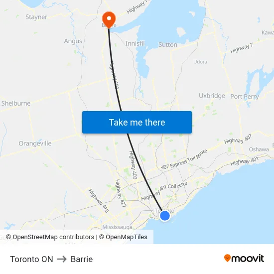 Toronto ON to Barrie map