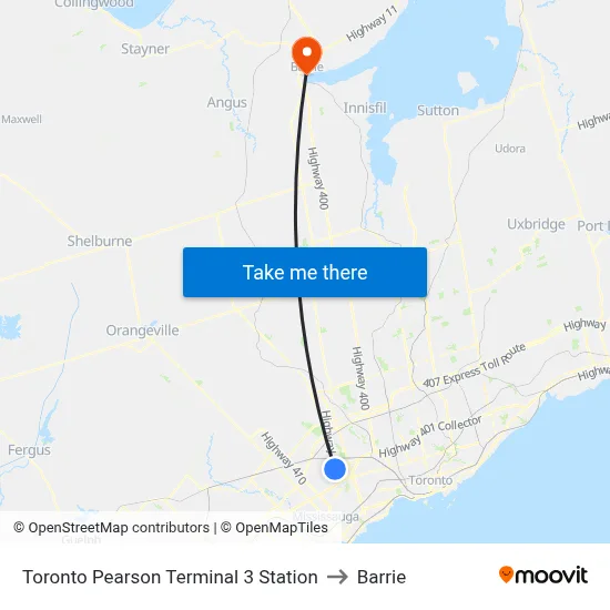 Toronto Pearson Terminal 3 Station to Barrie map