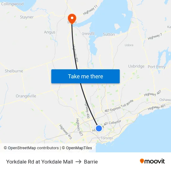 Yorkdale Rd at Yorkdale Mall to Barrie map