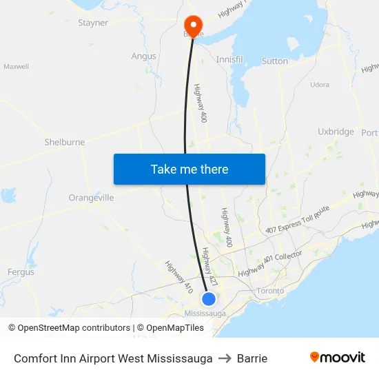 Comfort Inn Airport West Mississauga to Barrie map