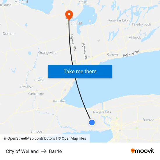 City of Welland to Barrie map