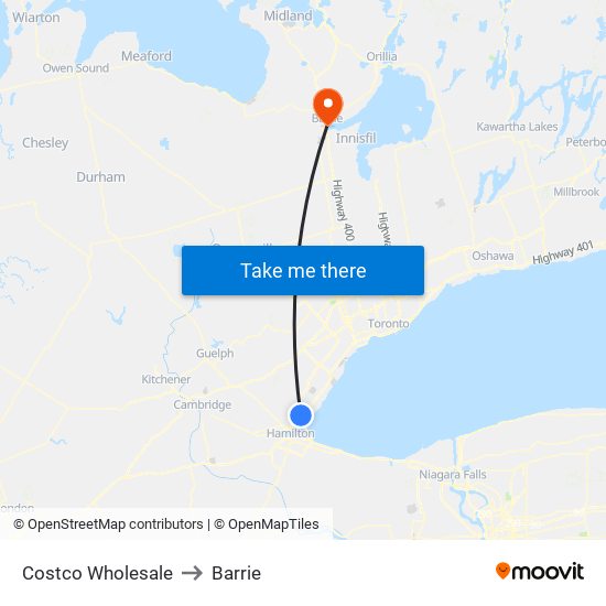 Costco Wholesale to Barrie map