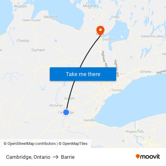 Cambridge, Ontario to Barrie map