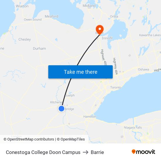 Conestoga College Doon Campus to Barrie map