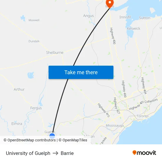 University of Guelph to Barrie map
