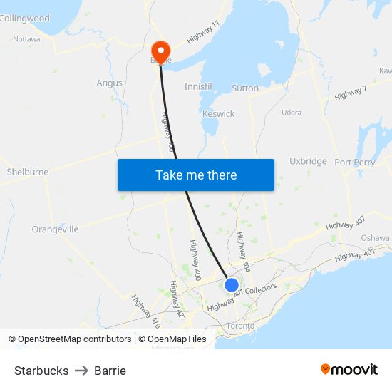 Starbucks to Barrie map