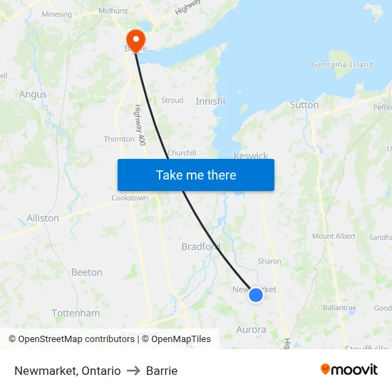 Newmarket, Ontario to Barrie map