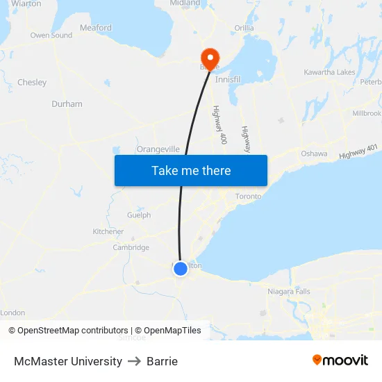 McMaster University to Barrie map