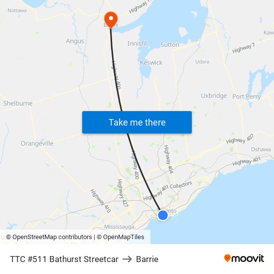 TTC #511 Bathurst Streetcar to Barrie map
