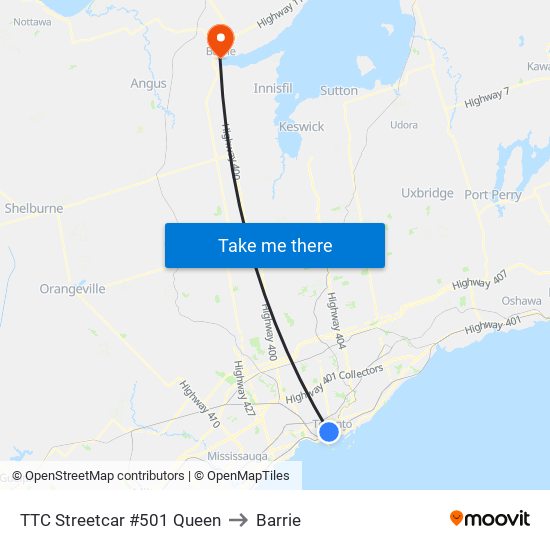 TTC Streetcar #501 Queen to Barrie map