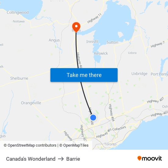 Canada's Wonderland to Barrie map