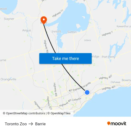 Toronto Zoo to Barrie map