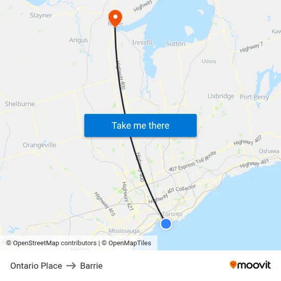 Ontario Place to Barrie map