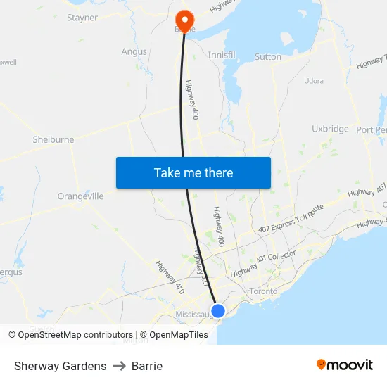 Sherway Gardens to Barrie map