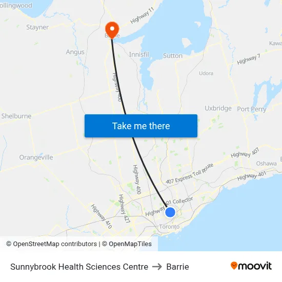 Sunnybrook Health Sciences Centre to Barrie map