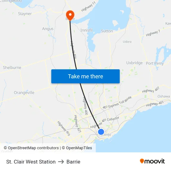 St. Clair West Station to Barrie map