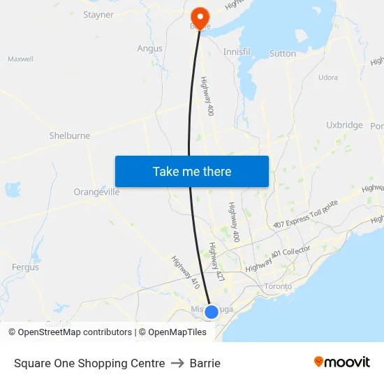 Square One Shopping Centre to Barrie map