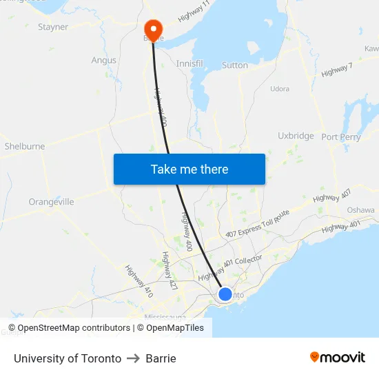 University of Toronto to Barrie map