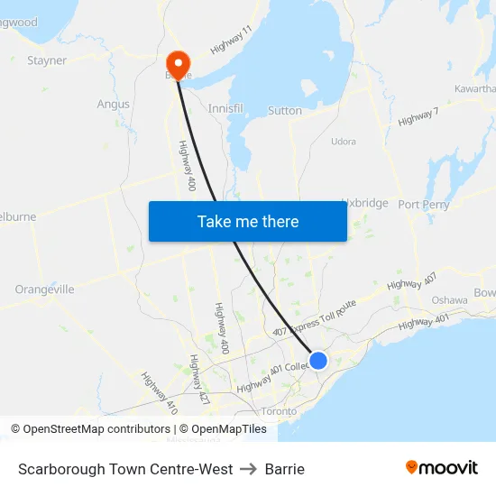 Scarborough Town Centre-West to Barrie map