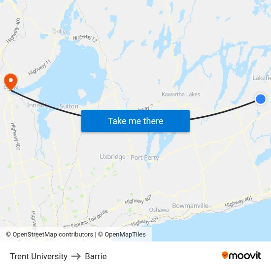 Trent University to Barrie map