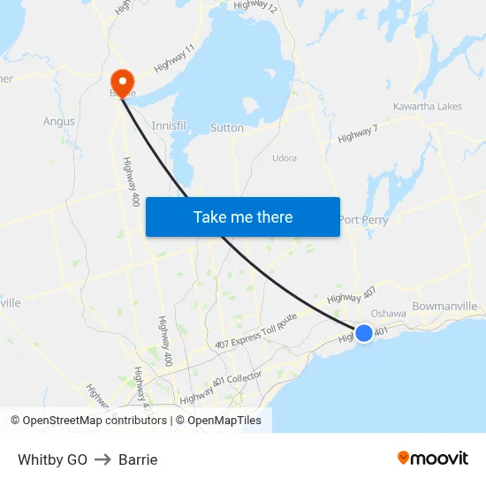 Whitby GO to Barrie map