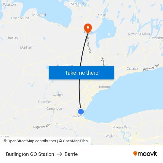 Burlington GO Station to Barrie map