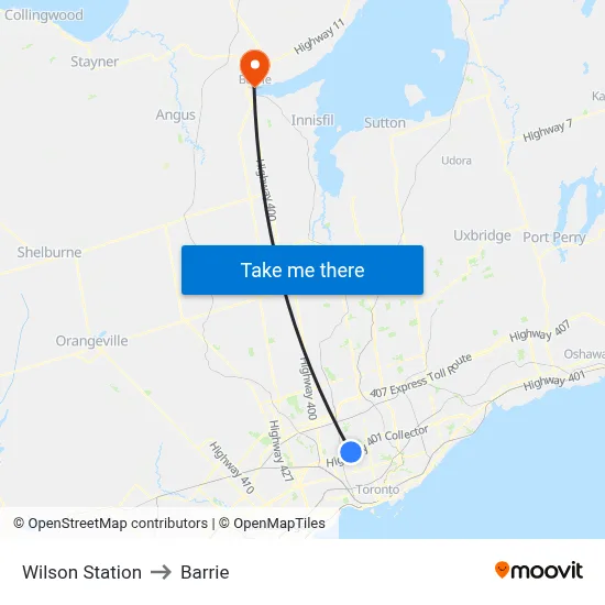Wilson Station to Barrie map