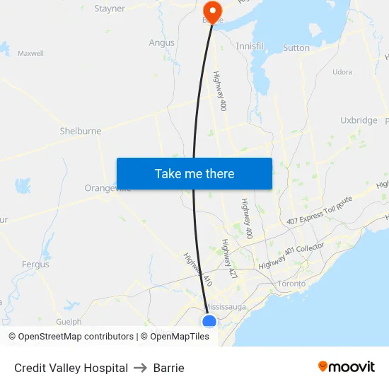 Credit Valley Hospital to Barrie map