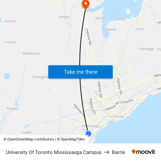 University Of Toronto Mississauga Campus to Barrie map