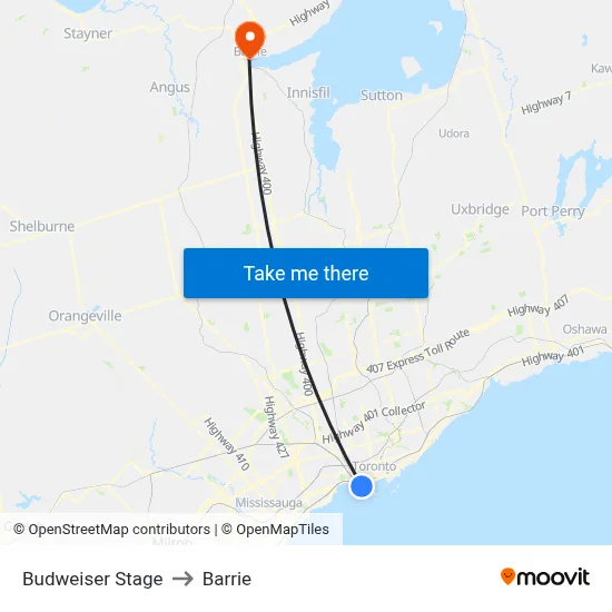 Budweiser Stage to Barrie map