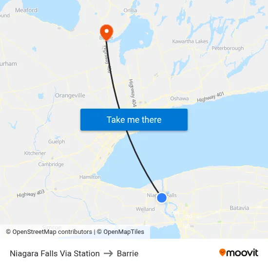Niagara Falls Via Station to Barrie map