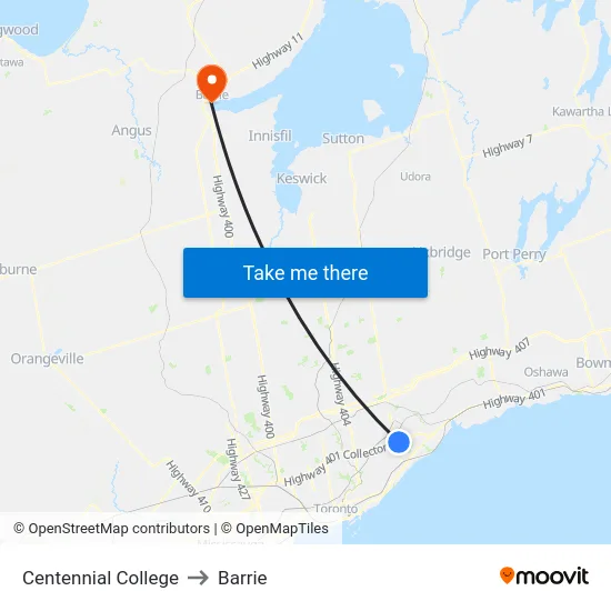 Centennial College to Barrie map
